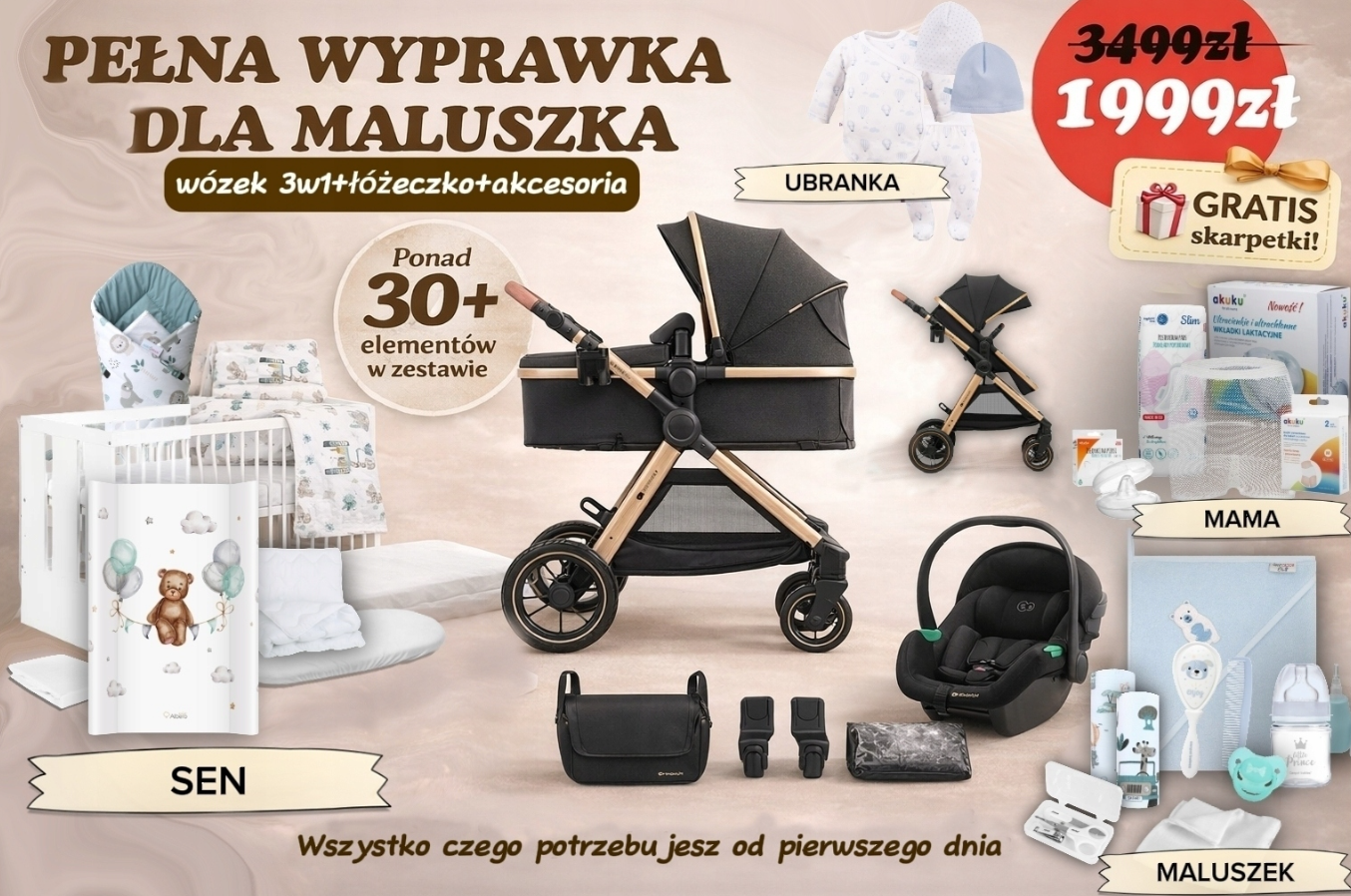 Wyprawka dla noworodka 30+ elementów - zdjęcie główne zestawu