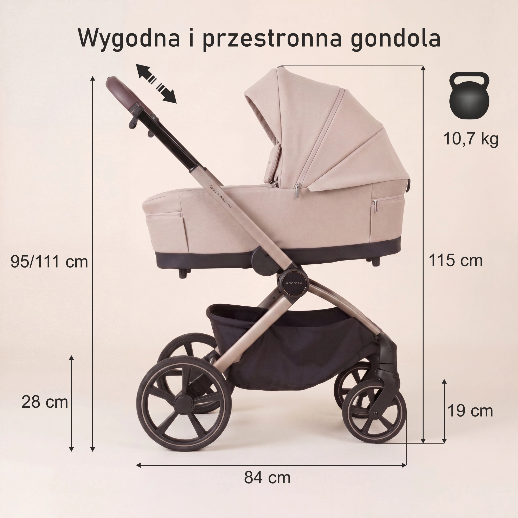 Adamex COMO NATURA - wymiary i waga wózka z gondolą