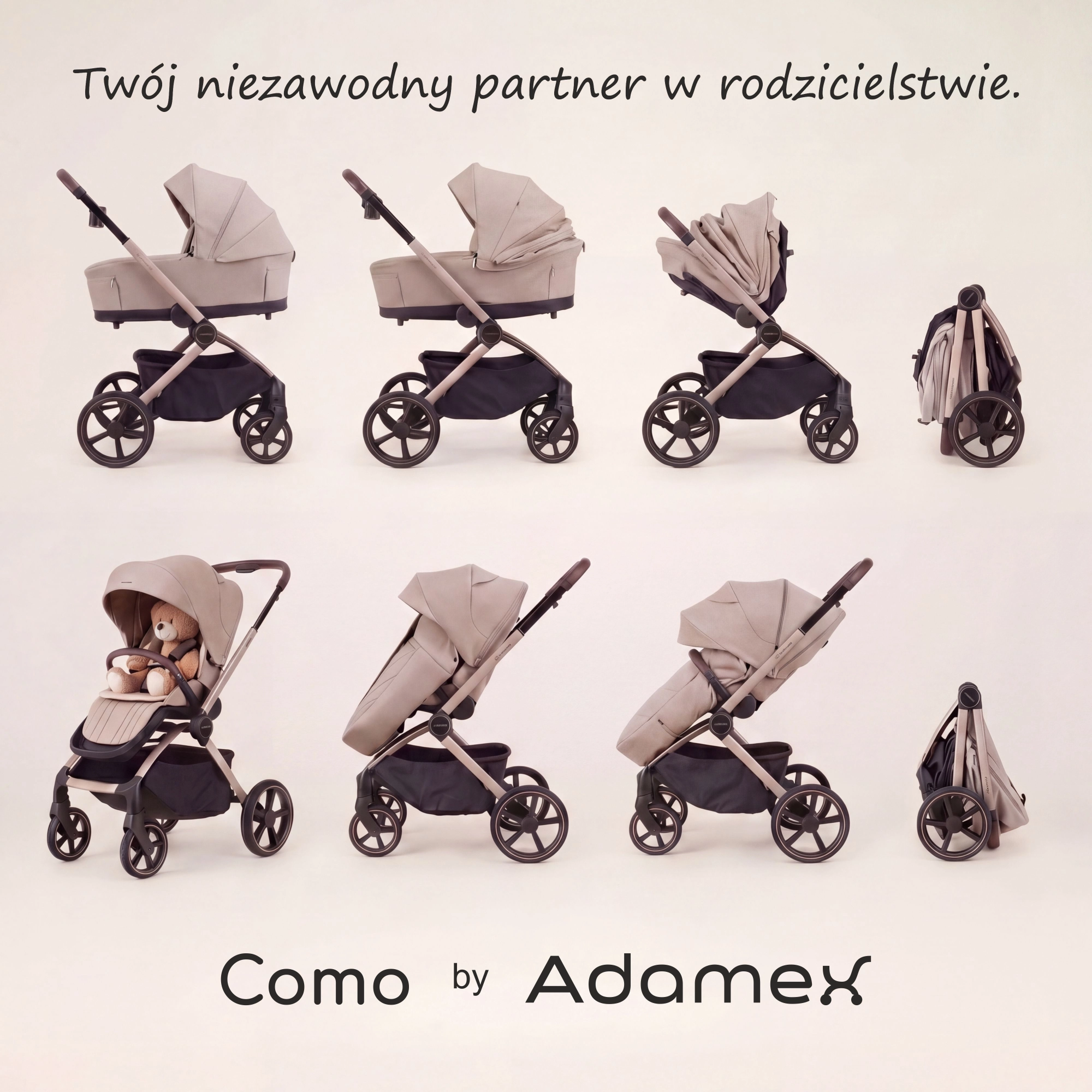 Adamex COMO NATURA - wygląd wózka z gondolą i spacerówką