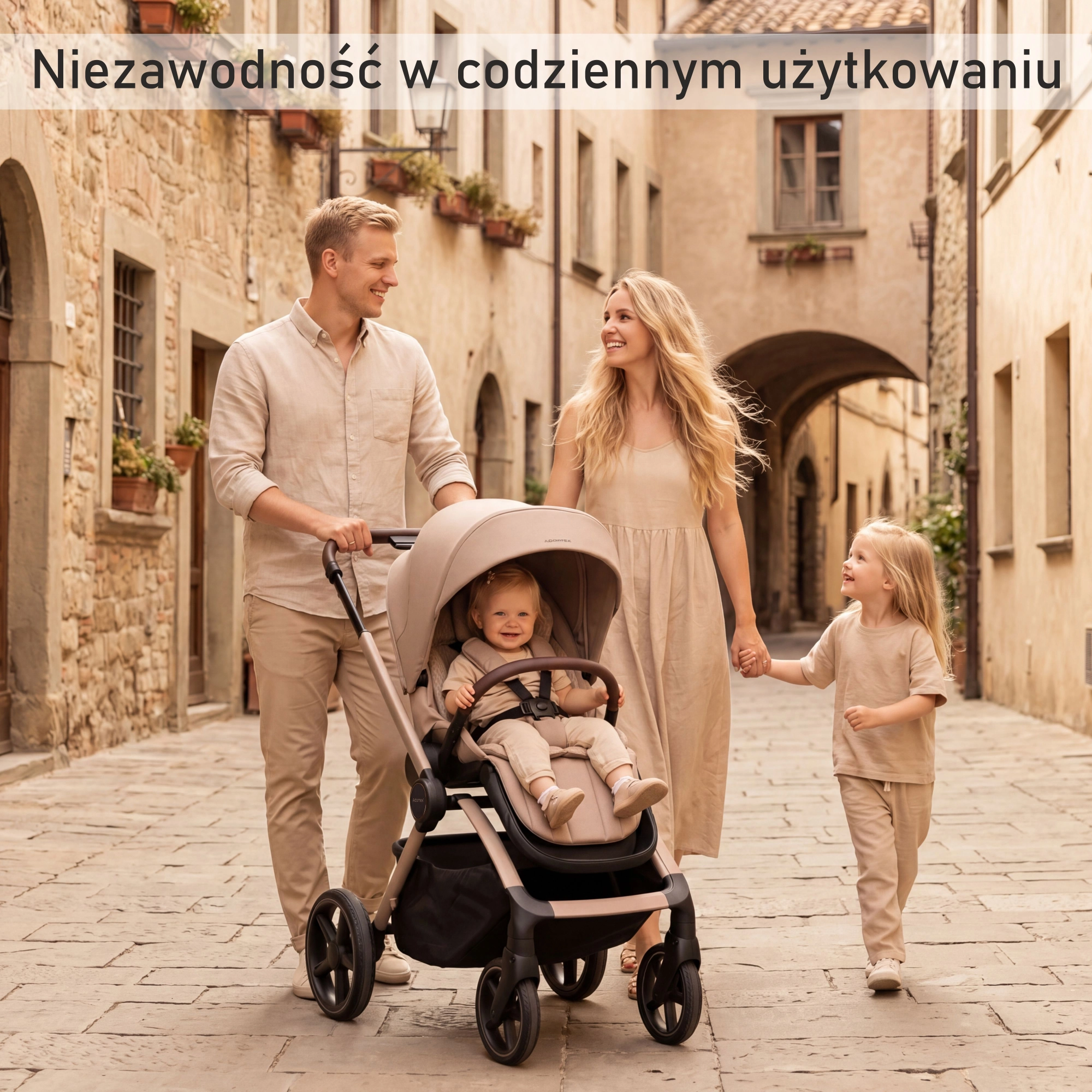 Adamex COMO NATURA - rodzina na spacerze ze spacerówką, niezawodność w codziennym użytkowaniu