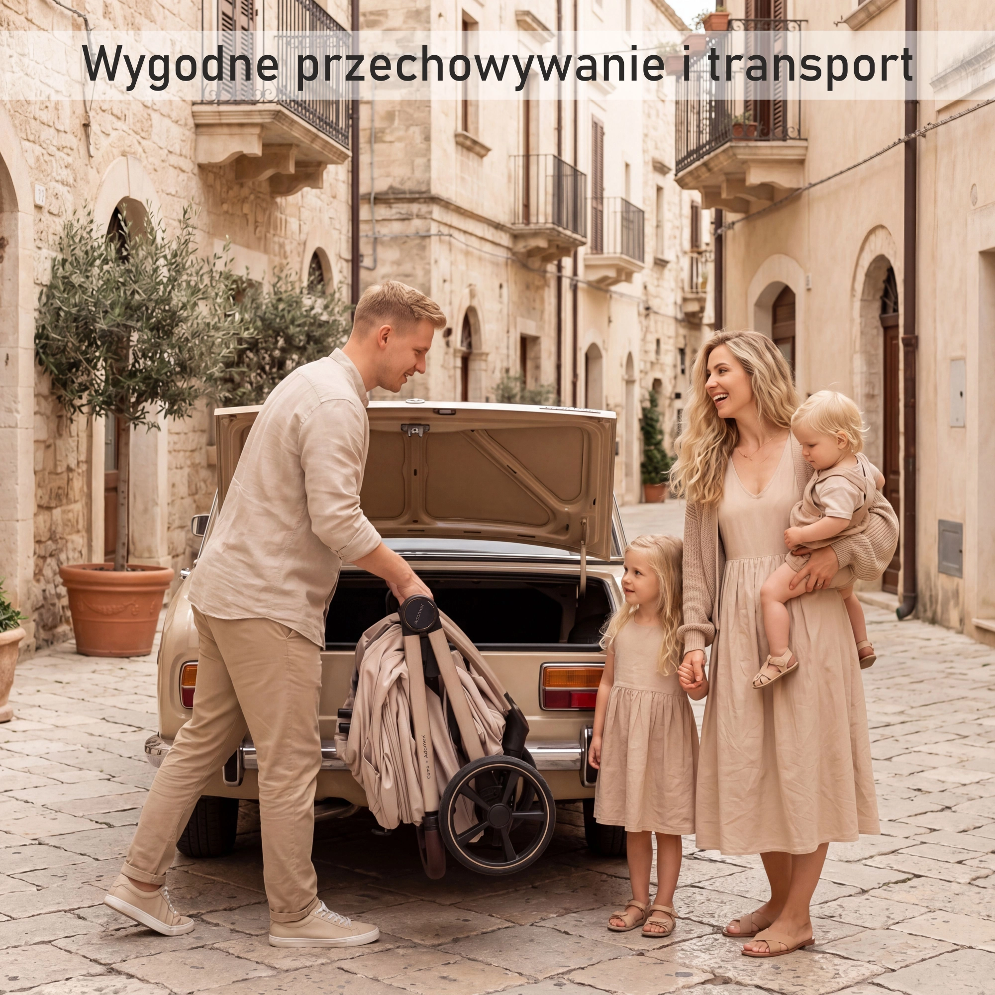 Adamex COMO NATURA - rodzina pakuje złożony wózek do bagażnika