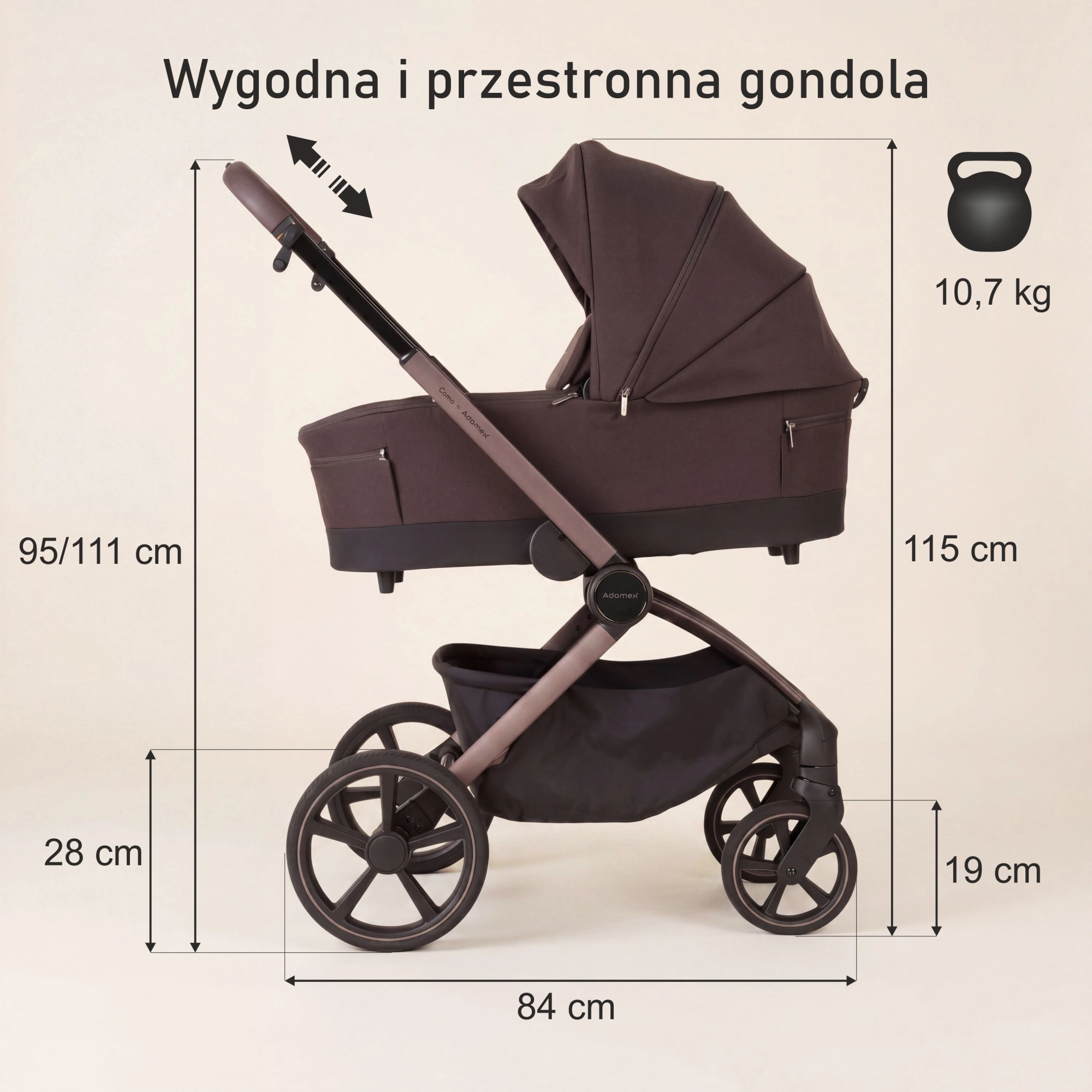Adamex COMO CHOCOLATE - wymiary i waga wózka z gondolą