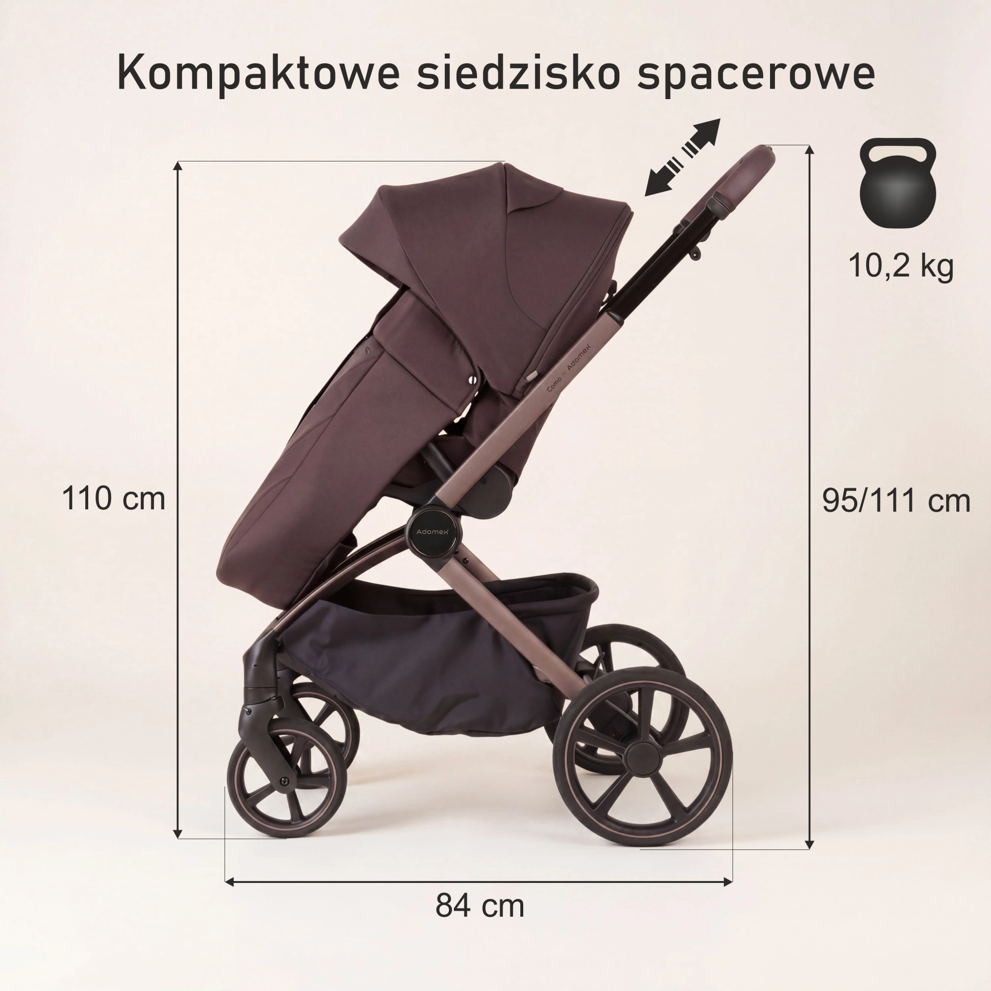 Adamex COMO CHOCOLATE - wymiary i waga wózka ze spacerówką