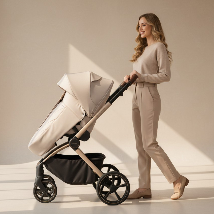 Adamex COMO NATURA BEIGE - kobieta ze spacerówką i osłonką na nóżki