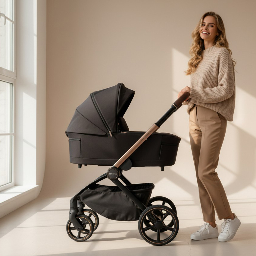 Adamex COMO SATIN CARBON - kobieta z wózkiem w wersji z gondolą