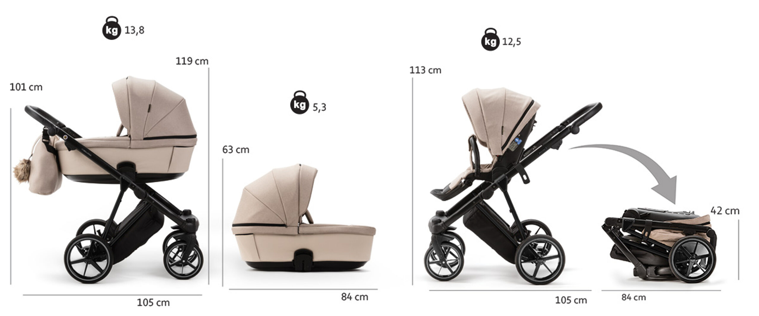 Adamex BELISSA Standard - wymiary i waga wózka z gondolą, spacerówką i po złożeniu