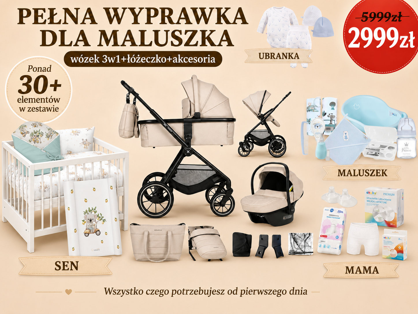 Pełna wyprawka STANDARD DREWNIANE ŁÓŻECZKO + 30 ELEMENTÓW - obrazek 3