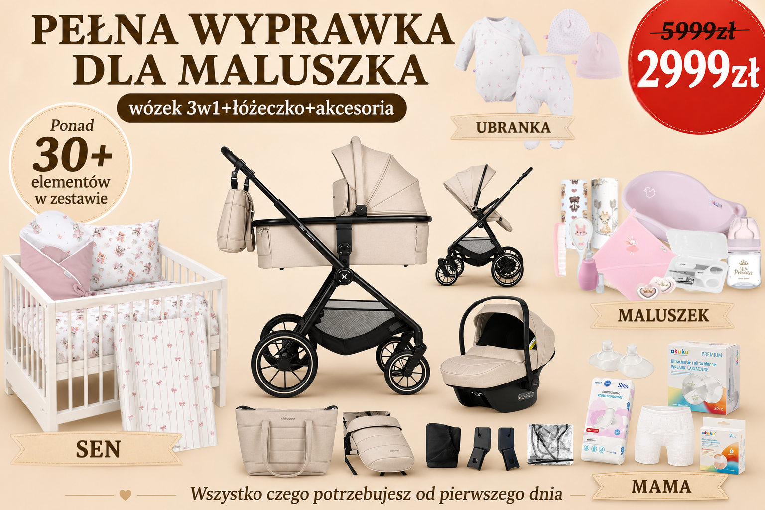 Pełna wyprawka STANDARD DREWNIANE ŁÓŻECZKO + 30 ELEMENTÓW - obrazek 2