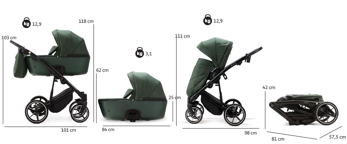 Adamex MOBI NEW LUX - wymiary i waga wózka z gondolą, spacerówką i po złożeniu