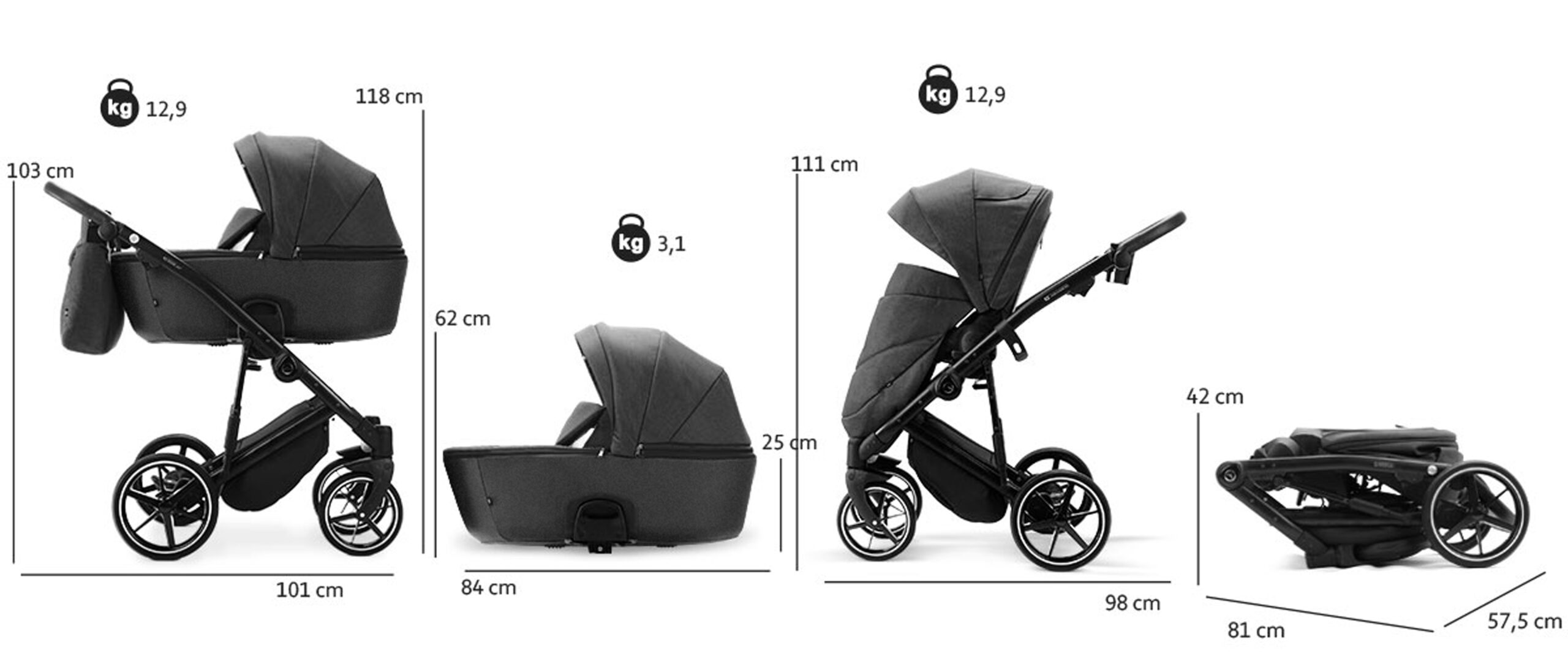 Adamex MOBI NEW Standard - wymiary i waga wózka z gondolą, spacerówką i po złożeniu