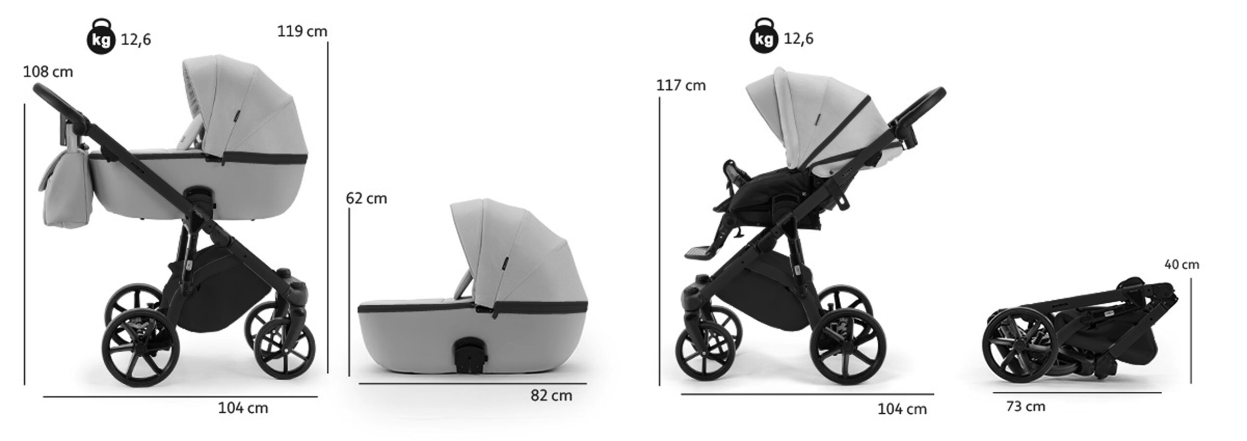 Adamex NOLA Standard - wymiary i waga wózka z gondolą, spacerówką i po złożeniu
