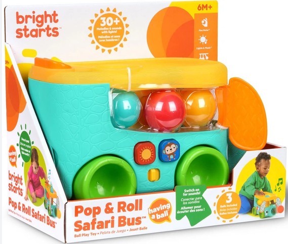 Opakowanie i zawartość zestawu Bright Starts Pop & Roll Safari Bus