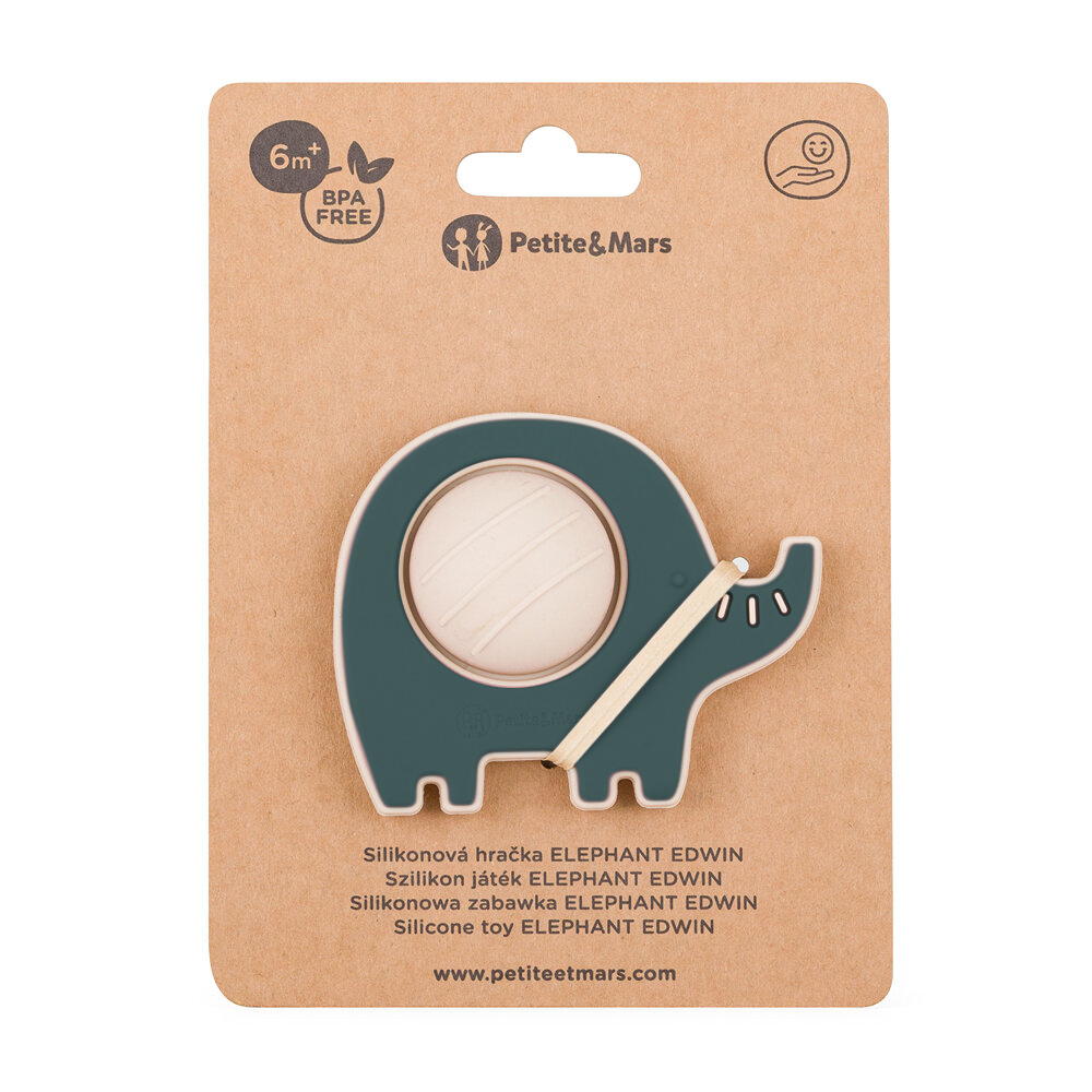 Naciskanie przycisku w zabawce Petite&Mars Elephant Edwin Misty Green
