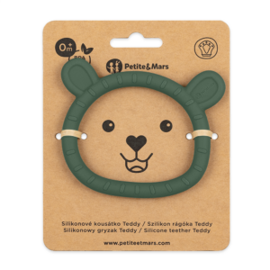 Silikonowy gryzak Petite&Mars Teddy Misty Green w opakowaniu