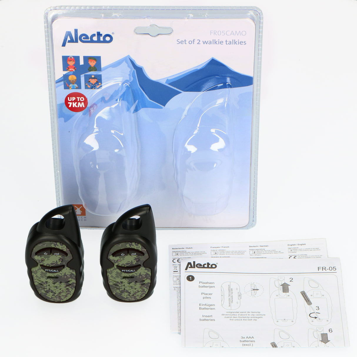 Opakowanie i zawartość zestawu Alecto FR05CAMO
