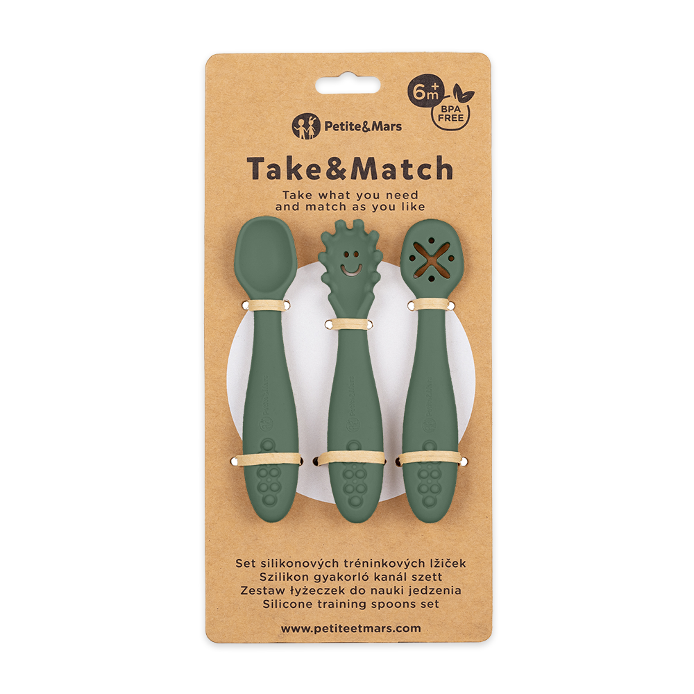 Zestaw trzech silikonowych łyżeczek Petite&Mars TAKE&MATCH Misty Green