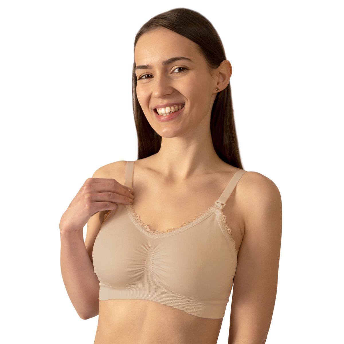 Neutralny biustonosz do karmienia Babyono na modelce