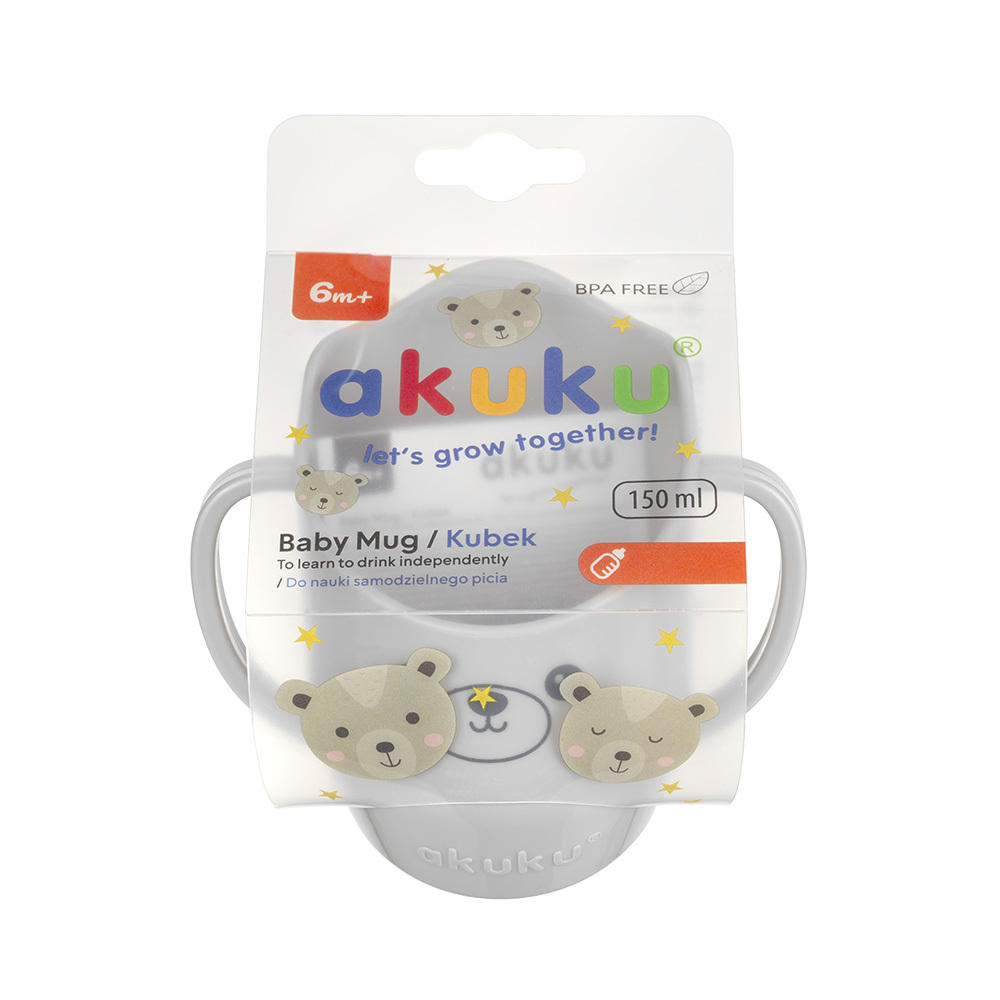 Szary kubek Akuku w opakowaniu