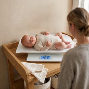 Waga Petite&Mars Libra 2 w 1 podczas ważenia niemowlęcia