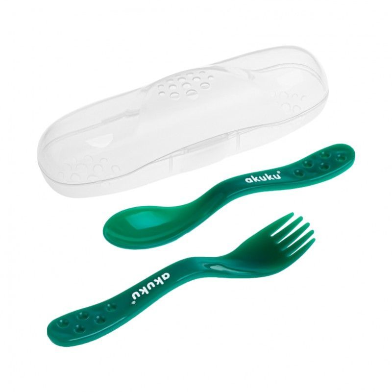 Zielone sztućce dziecięce Akuku A0074 z etui